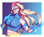  2019 alien ambiguous_gender blonde_hair breasts clothed clothing digital_media_(artwork) duo female female/ambiguous glowing glowing_eyes hair hi_res human humanoid mammal marvel metroid muscular muscular_female nintendo not_furry ponytail samus_aran sharp_teeth simple_background spider-man_(series) symbiote teeth transformation video_games xmisternothingx zero_suit 