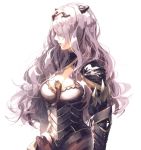  1girl armor black_armor breasts camilla_(fire_emblem) cleavage commentary_request cowboy_shot fire_emblem fire_emblem_fates fire_emblem_heroes from_side gauntlets hair_ornament hair_over_eyes jef_(fe89392148) large_breasts long_hair parted_lips purple_hair standing thighs tiara wavy_hair 