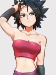  1girl arm_at_side bare_arms bare_shoulders black_eyes black_hair breasts caulifla cleavage closed_mouth collarbone dragon_ball dragon_ball_super eyelashes frown grey_background hand_in_hair hand_up kemachiku large_breasts looking_away midriff navel pants purple_pants serious shaded_face shiny shiny_hair simple_background solo spiked_hair standing strapless tubetop underboob upper_body wristband 