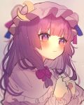  1girl bangs blunt_bangs blush bow chikuwa_(tikuwaumai_) closed_mouth commentary_request crescent eyebrows_visible_through_hair hair_bow hat highres long_hair looking_away patchouli_knowledge purple_bow purple_eyes purple_hair sketch solo touhou upper_body 