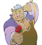  2020 anthro belly blush brown_body brown_fur exe_exem flower fur gouryou humanoid_hands kemono male mammal overweight overweight_male plant simple_background solo suid suina sus_(pig) tokyo_afterschool_summoners video_games white_background wild_boar 