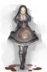  1girl alice:_madness_returns alice_(wonderland) american_mcgee&#039;s_alice black_hair blood boots breasts closed_mouth dress gloves gothic_lolita highres lolita_fashion long_hair looking_at_viewer pantyhose simple_background solo striped striped_legwear type-alpha 