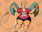  2020 4:3 4_fingers anthro belly bottomwear breasts burger charizard claws cleavage clothed clothing dragon english_text eyelashes female fingers fire food front_view hi_res holding_food holding_object horn membrane_(anatomy) membranous_wings nintendo non-mammal_breasts pok&eacute;mon pok&eacute;mon_(species) pokebraix scalie shirt shorts solo standing text thick_tail thick_thighs toe_claws topwear valentina_(aimbot-jones) video_games wide_hips wings 
