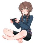  1girl amane_suzuha barefoot bike_shorts black_shorts blue_jacket blush braid breasts brown_hair full_body greek_toe green_eyes highres indian_style jacket kahlua_(artist) long_sleeves looking_at_viewer medium_hair nintendo_switch parted_lips playing_games shorts side_braids simple_background sitting small_breasts soles solo steins;gate toes track_jacket twin_braids white_background zipper 
