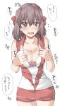  1girl bangs blush breasts brown_eyes brown_hair cleavage collar_tug commentary cowboy_shot elbow_pads elf_(stroll_in_the_woods) flying_sweatdrops girls_und_panzer headband heart highres kondou_taeko large_breasts looking_at_viewer medium_hair open_mouth red_headband red_shirt red_shorts shirt short_shorts shorts simple_background single_vertical_stripe sleeveless sleeveless_shirt smile solo sportswear standing sweat thigh_gap translated volleyball_uniform white_background 