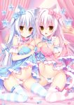  2girls animal_ears armband babydoll babydoll_lift bangs bed_sheet blue_hair blue_ribbon blush bow bow_panties bowtie breast_press breasts candy cat_ears cat_girl cat_tail cleavage commentary_request curtains detached_collar eyebrows_visible_through_hair fang food hair_between_eyes hair_ribbon hasune highres large_breasts long_hair looking_at_viewer multiple_girls open_mouth original panties pink_hair pink_panties pink_ribbon ribbon siblings sidelocks sparkle star striped striped_legwear tail tail_ribbon thighhighs twins underwear yellow_eyes 