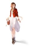  1girl absurdres aerith_gainsborough bag blue_eyes bow bracelet brown_footwear brown_hair dress final_fantasy final_fantasy_vii final_fantasy_vii_remake full_body hair_bow handbag highres jacket jewelry long_hair mt_(ringofive) necklace open_toe_shoes pink_bow red_jacket smile solo standing white_background white_dress 