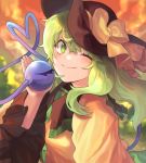  1girl ;) bangs black_headwear blush bow cheunes commentary eyebrows_visible_through_hair green_eyes green_hair hair_between_eyes hand_up hat hat_bow heart heart_of_string highres komeiji_koishi long_sleeves looking_at_viewer one_eye_closed shirt short_hair smile solo third_eye touhou upper_body wide_sleeves yellow_bow yellow_shirt 