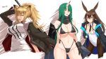  3girls amiya_(arknights) animal_ears arknights arm_behind_back arm_ribbon arm_up ass_visible_through_thighs bangs bare_arms bare_shoulders bikini black_bikini black_gloves black_jacket black_legwear black_neckwear black_ribbon black_scarf blonde_hair blue_eyes blush breasts brown_hair bunny_ears bunnysuit candy collarbone commentary_request covered_navel cowboy_shot cropped_legs detached_collar eyebrows_visible_through_hair food food_in_mouth fur-trimmed_jacket fur_trim gloves green_hair grey_eyes groin hair_between_eyes hair_over_one_eye highleg highleg_bikini horn hoshiguma_(arknights) jacket large_breasts leotard lion_ears lollipop long_hair long_sleeves looking_at_viewer mouth_hold multiple_girls navel necktie open_clothes open_jacket open_mouth pantyhose ponytail ribbon scarf shirt shuugetsu_karasu side-tie_bikini sidelocks siege_(arknights) simple_background small_breasts standing stomach strapless strapless_leotard swimsuit t-shirt thighs translation_request upper_body very_long_hair white_background white_leotard white_shirt yellow_eyes 
