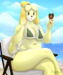  2020 absurd_res alcohol animal_crossing anthro beach beverage big_breasts bilabee breasts canid canine canis clothed clothing cloud curvy_figure day detailed_background digital_media_(artwork) domestic_dog female fur hair hi_res isabelle looking_at_viewer mammal navel nintendo open_mouth outside seaside sky solo swimwear thick_thighs tongue topwear video_games water wide_hips 