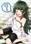  1girl ? absurdres bare_legs barefoot black_shorts breasts checkered checkered_floor cleavage collarbone full_body green_eyes green_hair hand_to_own_mouth highres hiyajou_maho labcoat long_hair looking_at_viewer messy_hair off_shoulder one_eye_closed open_mouth rairaisuruyo shorts sitting sleepy small_breasts solo spoken_question_mark steins;gate steins;gate_0 strap_slip tank_top tears wariza yawning 