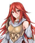  1girl breastplate closed_mouth cordelia_(fire_emblem) fire_emblem fire_emblem_awakening fire_emblem_heroes long_hair red_eyes red_hair simple_background smile solo tenchan_man upper_body white_background 