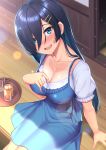  1girl :d arm_at_side benitsuki_tsubasa black_hair blue_dress blue_eyes blue_ribbon blush breasts cleavage collarbone commentary_request cup day dress drink drinking_glass eyebrows_visible_through_hair frilled_dress frilled_sleeves frills hair_ornament hair_over_one_eye hairclip hand_on_own_chest highres ice ice_cube large_breasts lens_flare long_hair looking_at_viewer moe2020 on_floor open_mouth original outdoors puffy_short_sleeves puffy_sleeves ribbon round_teeth shirt short_sleeves sitting smile solo straight_hair sweat teeth tray upper_teeth very_long_hair white_shirt wooden_floor 