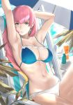  1girl armpits arms_up bangs beach_chair beach_umbrella bikini blonde_hair blue_eyes breasts cleavage collarbone day earrings eyebrows_visible_through_hair fire_emblem fire_emblem_heroes gradient gradient_hair gunnthra_(fire_emblem) hair_ornament highres j@ck jewelry large_breasts lips looking_at_viewer medium_breasts multicolored_hair navel outdoors palm_leaf parted_lips pink_hair shiny shiny_hair shiny_skin simple_background sitting solo stomach striped swimsuit umbrella vertical_stripes 