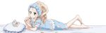  1girl absurdres barefoot bed_sheet blonde_hair box dakimakura drill_hair food full_body girls_und_panzer girls_und_panzer_saishuushou green_eyes highres long_hair looking_at_viewer lying macaron marie_(girls_und_panzer) official_art on_bed on_stomach pajamas pillow short_sleeves shorts solo third-party_edit towel towel_on_head white_background 