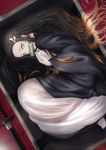  1girl absurdres artist_name bamboo bit_gag black_hair brown_hair commentary_request dutch_angle gag gradient_hair hands_up highres japanese_clothes kamado_nezuko katana kimetsu_no_yaiba kimono long_hair long_sleeves lying marumoru mouth_hold multicolored_hair on_side open_clothes sheath sheathed socks solo sword very_long_hair watermark weapon white_kimono white_legwear wide_sleeves 