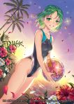  1girl :d ball beach beachball black_swimsuit blush breasts collarbone competition_swimsuit dutch_angle floating_hair flower green_eyes green_hair hibiscus highleg highleg_swimsuit holding holding_ball looking_at_viewer ocean one-piece_swimsuit open_mouth outdoors palm_tree poshii_(posy) red_flower shiny shiny_hair short_hair small_breasts smile solo standing swimsuit tree white_flower z/x 