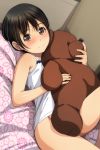  1girl absurdres bangs black_hair blush bottomless brown_eyes camisole closed_mouth dutch_angle eyebrows_visible_through_hair highres holding holding_stuffed_animal knee_up lying matsunaga_kouyou nose_blush on_back original smile solo stuffed_animal stuffed_toy teddy_bear underwear underwear_only white_camisole 
