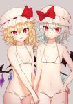  2girls aqua_hair artist_name ass_visible_through_thighs bare_arms bare_shoulders bat_wings bikini blonde_hair bow breasts cowboy_shot flandre_scarlet flat_chest grey_background hair_between_eyes halter_top halterneck hand_on_hip hat hat_bow honotai long_hair looking_at_viewer lowleg lowleg_bikini mob_cap multiple_girls pointy_ears red_bow red_eyes remilia_scarlet siblings simple_background sisters small_breasts smile string_bikini swimsuit thigh_gap tongue tongue_out touhou white_bikini white_headwear wings 