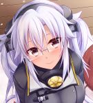  0yukiya0 1girl absurdres blush breasts brown_eyes closed_mouth dark_skin eyebrows_visible_through_hair glasses highres kantai_collection large_breasts long_hair long_sleeves looking_at_viewer musashi_(kantai_collection) rectangular_eyewear smile solo upper_teeth very_long_hair white_hair 