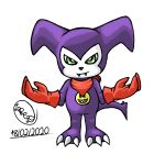  1:1 2020 3_fingers 3_toes ambiguous_gender anthro big_ears clothing digimon digimon_(species) fangs fingers gloves green_eyes handwear hi_res impmon lucasrcd pointy_tail purple_body scarf signature simple_background smile toes white_background white_body 