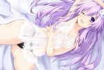 1girl bed black_panties breasts d-pad d-pad_hair_ornament eyebrows_visible_through_hair hair_ornament iwasi-r lingerie navel negligee nepgear neptune_(series) no_bra on_bed one_eye_closed panties purple_eyes purple_hair see-through solo underwear 
