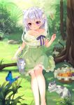  1girl :3 absurdres animal_ear_fluff animal_ears barefoot blush bug butterfly cat cat_ears cat_girl cat_teaser commentary_request dress forest green_dress highres insect legs long_hair moe2020 nature original outdoors purple_eyes silver_hair sitting smile sundress taku_michi tree 