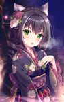 1girl animal_ear_fluff animal_ears bangs black_flower black_hair black_kimono blush braid cat_ears commentary_request crown_braid eyebrows_visible_through_hair fang floral_print flower green_eyes hair_between_eyes hair_flower hair_ornament hand_up highres japanese_clothes kimono kyaru_(princess_connect) long_hair long_sleeves looking_at_viewer multicolored_hair night obi open_mouth outdoors princess_connect! print_kimono red_flower ringlets sash solo sousouman streaked_hair upper_body white_flower white_hair wide_sleeves 