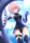  1girl armor armored_leotard armpits ass_visible_through_thighs bangs bare_shoulders bare_thighs black_armor black_gloves black_legwear blue_sky breastplate cloud commentary_request cowboy_shot elbow_gloves eyebrows_visible_through_hair fate/grand_order fate_(series) faulds from_below glint gloves groin hair_over_one_eye hand_up hanzou highres holding_shield knee_pads lavender_hair lens_flare looking_at_viewer mash_kyrielight purple_eyes purple_gloves shield shiny shiny_clothes short_hair sidelocks single_thighhigh sky smile solo sparkle standing sunlight thigh_strap thighhighs two-tone_gloves wrist_guards 