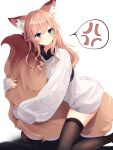  1girl absurdres anger_vein animal_ear_fluff animal_ears bangs blue_eyes blush brown_hair brown_legwear closed_mouth commentary_request eyebrows_visible_through_hair feet_out_of_frame fox_ears fox_girl fox_tail grey_sweater hair_between_eyes highres leg_hug long_hair long_sleeves looking_at_viewer mizu_(lzzrwi603) original puffy_long_sleeves puffy_sleeves sleeves_past_wrists solo spoken_anger_vein sweater tail thighhighs v-shaped_eyebrows white_background 
