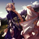  1girl applekun armor armored_dress banner blonde_hair blue_dress blue_eyes blue_sky blurry blurry_background braided_ponytail cloud day dress dutch_angle fate/apocrypha fate_(series) faulds floating_hair from_side gauntlets grass hair_between_eyes headpiece holding jeanne_d&#039;arc_(fate) jeanne_d&#039;arc_(fate)_(all) long_hair outdoors sheath sheathed sky solo sword very_long_hair weapon 