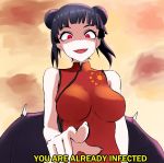  1girl artist_request bangs black_hair china_dress chinese_clothes corona-chan coronavirus demon_wings double_bun dress english_text highres hokuto_no_ken looking_at_viewer meme open_mouth original parody pointing red_eyes short_hair smug solo source_request symbol wings you_are_already_dead 