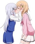  2girls bangs blonde_hair blouse blue_hair blue_skirt blue_vest blush closed_eyes commentary_request from_side gochuumon_wa_usagi_desu_ka? hair_ornament hairclip hands_on_another&#039;s_face highres hoto_cocoa kafuu_chino kiss long_hair long_sleeves miruzawa_akechi multiple_girls neck_ribbon pink_blouse pleated_skirt ribbon school_uniform serafuku shirt simple_background skirt thighhighs vest white_background white_legwear white_shirt white_skirt x_hair_ornament yuri 