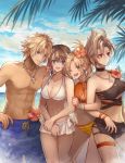  1boy 3girls abs arm_around_shoulder beach bikini_skirt blonde_hair blue_eyes braid breasts brown_hair cleavage final_fantasy final_fantasy_x final_fantasy_x-2 flower green_eyes hair_flower hair_ornament heterochromia jewelry locked_arms looking_at_viewer male_swimwear multiple_girls navel necklace paine_(ff10) red_eyes rikku sasanomesi silver_hair smile stomach swim_trunks swimwear tidus yuna_(ff10) 