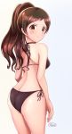  1girl absurdres bangs bikini black_bikini blush brown_eyes brown_hair closed_mouth from_behind high_ponytail highres idolmaster idolmaster_million_live! idolmaster_million_live!_theater_days kitazawa_shiho long_hair looking_at_viewer looking_back parted_bangs runmo77 shiny shiny_hair shoulder_blades side-tie_bikini simple_background solo standing swimsuit very_long_hair white_background 