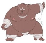  2020 anthro belly bodily_fluids brown_body brown_fur bulge butt_slap chisa_sa chubby_cheeks clothing eyes_closed foot_wraps fur hand_wraps humanoid_hands kemono male mammal moobs navel nipples overweight overweight_male simple_background slap smile solo sweat underwear ursid white_background wraps 