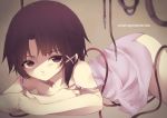  1girl absurdres asymmetrical_hair brown_eyes brown_hair cable closed_mouth dress hair_ornament hairclip highres iwakura_lain looking_at_viewer serial_experiments_lain shiroganeyoru short_hair sleeveless solo strap_slip white_dress 