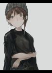  1girl asymmetrical_hair brown_hair closed_mouth hair_ornament hairclip hat highres iwakura_lain looking_at_viewer serial_experiments_lain short_hair simple_background solo 