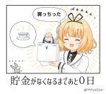  ... 1girl :d ^_^ animal bag bangs black_ribbon black_shirt blazer blonde_hair blush bunny chibi closed_eyes collared_shirt commentary_request cup eyebrows_visible_through_hair facing_viewer gochuumon_wa_usagi_desu_ka? hair_ribbon hands_up holding holding_bag jacket kirima_sharo long_sleeves miicha necktie open_mouth paper_bag plaid_neckwear ribbon saucer shirt smile spoken_object teacup translation_request twitter_username white_jacket wild_geese 