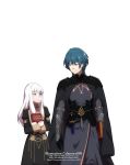  1boy 1girl :o armor artist_name black_gloves blue_eyes blue_hair book book_hug byleth_(fire_emblem) byleth_(fire_emblem)_(male) coat dagger dannex009 fire_emblem fire_emblem:_three_houses garreg_mach_monastery_uniform gloves highres holding holding_book long_hair long_sleeves looking_at_another lysithea_von_ordelia pink_eyes simple_background smile uniform watermark weapon white_background white_hair 