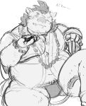  2020 absurd_res anthro asian_clothing belly buta5kawa clothing east_asian_clothing fundoshi gouryou hi_res humanoid_hands japanese_clothing japanese_text kemono male mammal monochrome navel one_eye_closed overweight overweight_male robe sitting solo suid suina sus_(pig) text tokyo_afterschool_summoners underwear video_games wild_boar wink 