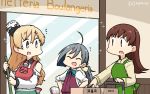  3girls ahoge apron beige_serafuku blonde_hair braid brown_eyes brown_hair cart closed_eyes commentary_request dated french_braid green_apron grey_hair hair_between_eyes hair_bun halterneck hamu_koutarou hands_on_hips hat highres italian_text kantai_collection kiyoshimo_(kantai_collection) long_hair low_twintails mini_hat multicolored_apron multiple_girls ooi_(kantai_collection) remodel_(kantai_collection) shirt sign sleeves_rolled_up sparkle translation_request twintails wavy_hair white_headwear white_shirt zara_(kantai_collection) 