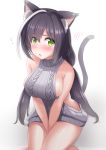  1girl animal_ear_fluff animal_ears aran_sweater backless_dress backless_outfit bangs bare_shoulders black_hair blush breasts cat_ears cat_girl cat_tail dress eyebrows_visible_through_hair fang hair_between_eyes highres kibihimi kyaru_(princess_connect) large_breasts long_hair looking_at_viewer low_twintails meme_attire multicolored_hair naked_sweater princess_connect! princess_connect!_re:dive sideboob simple_background solo streaked_hair sweater sweater_dress tail turtleneck turtleneck_sweater twintails v_arms very_long_hair virgin_killer_sweater white_background white_hair 
