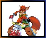  2007 anthro black_nose blood bodily_fluids border canid canine clothed clothing disney eyebrows fox fully_clothed fur male mammal melee_weapon open_mouth orange_border red_fox robin_hood robin_hood_(disney) signature simple_background solo sword traditional_media_(artwork) weapon white_background zillford 