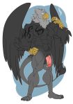  anthro avian balls cigarette feathered_wings feathers genitals gryphon hi_res male mammal muscular muscular_male mythological_avian mythology penis smoking solo tattoo wings 