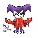  1:1 2020 3_fingers 3_toes ambiguous_gender anthro big_ears cloak clothing digimon digimon_(species) fangs fingers gloves green_eyes handwear hi_res impmon lucasrcd pointy_tail purple_body signature simple_background smile toes white_background white_body 