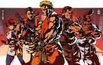  1girl 4boys belt black_belt blonde_hair brown_hair dark_skin dark_skinned_male dougi fingerless_gloves gloves looking_at_viewer marco_rodriguez mark_of_the_wolves multiple_boys pompadour ponytail robert_garcia ryou_sakazaki ryuuko_no_ken takuma_sakazaki the_king_of_fighters yuri_sakazaki zehb_br 