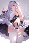  1girl alcohol apron ass azur_lane backlighting bangs bare_shoulders black_footwear black_hairband black_skirt blush breasts closed_mouth cup dido_(azur_lane) drinking_glass foot_up gradient gradient_background grey_background hairband high_heels highres large_breasts long_hair looking_at_viewer looking_back purple_eyes shirt silver_hair skirt sleeveless sleeveless_shirt solo sparkle thighhighs thighs to_gemichi tray waist_apron white_apron white_legwear white_shirt wine wine_glass 