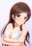  1girl absurdres bangs blush breasts brown_eyes brown_hair cleavage closed_mouth collarbone crossed_arms highres idolmaster idolmaster_million_live! idolmaster_million_live!_theater_days kitazawa_shiho long_hair looking_at_viewer parted_bangs runmo77 shiny shiny_hair simple_background small_breasts solo upper_body white_background 
