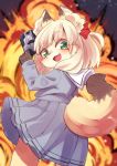  4_fingers anthro blonde_hair blush bottomwear canid canine clothed clothing explosion female fingers fluffy fluffy_tail fox fur green_eyes hair hi_res kemono long_hair looking_at_viewer looking_back mammal multicolored_body multicolored_fur open_mouth open_smile skirt smile snout solo standing two_tone_body two_tone_fur youki029 young 